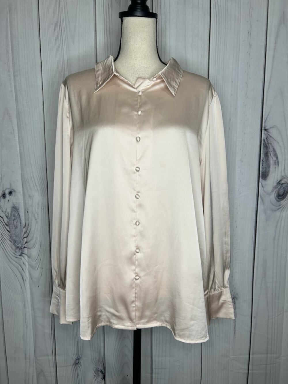 Allegra K Women's Blush Beige Satin Collared Button-Up Blouse Long Sleeve Sz XL